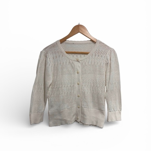 Sweaters - 2/$25 White Scalloped Hem Cardigan with Open Knit Pattern and Button Closures